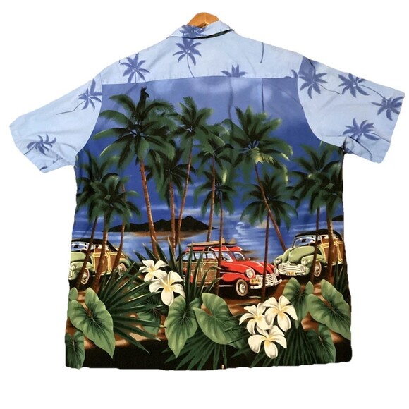 RJC Men’s Vtg Hawaiian Shirt 2XL Blue White Station Wagon Cars Aloha Pocket - Picture 2 of 16